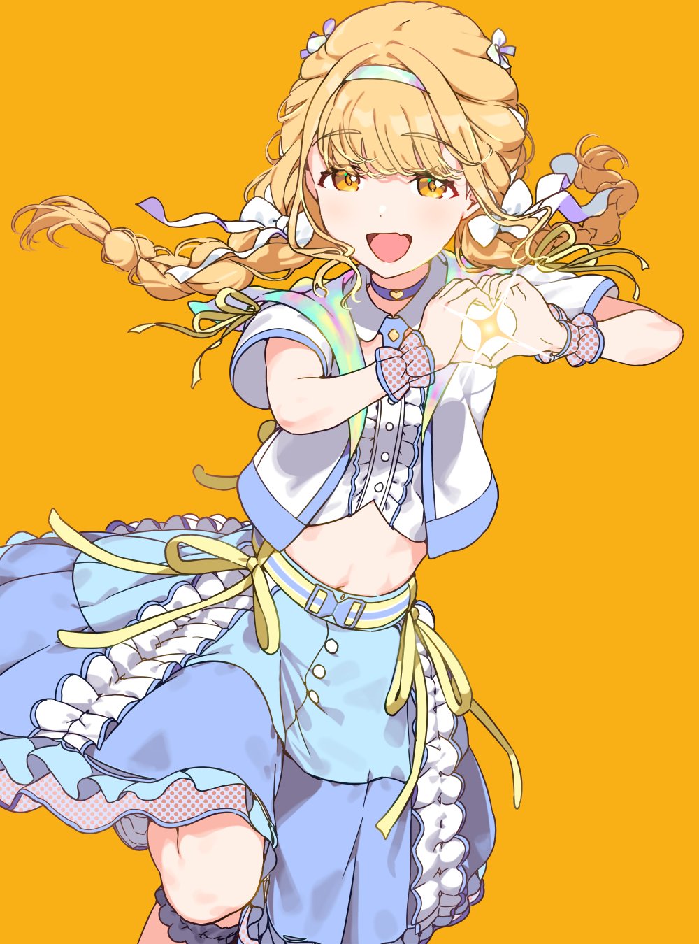 1girl blonde_hair blue_skirt bow braid choker collared_shirt fang fujita_kotone gakuen_idolmaster green_hairband haimura_kiyotaka hair_bow hair_intakes hairband heart heart_hands highres idol idolmaster long_hair navel open_mouth purple_choker shirt shorts skin_fang skirt standing standing_on_one_leg thigh_scrunchie twin_braids white_bow yellow_eyes