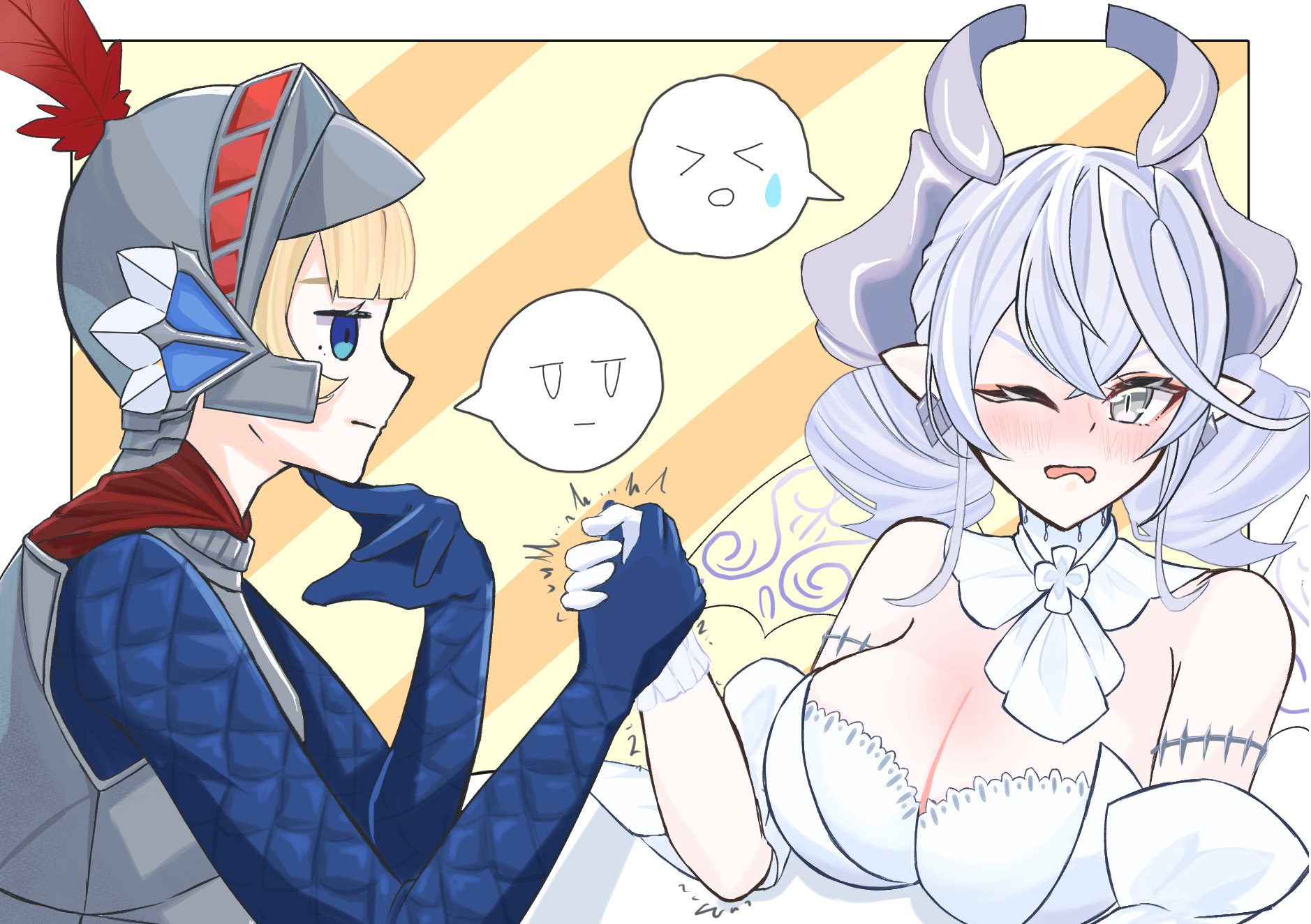 >_< 2girls arm_wrestling armor bare_shoulders blue_eyes border breasts cleavage dress drill_hair duel_monster earrings grey_eyes grey_hair helmet highres jewelry knight_(yu-gi-oh!) large_breasts lovely_labrynth_of_the_silver_castle multiple_girls pointy_ears simple_background sira_tise slit_pupils spoken_expression strapless strapless_dress striped_background transparent_background twin_drills upper_body white_border white_dress yellow_background yu-gi-oh!