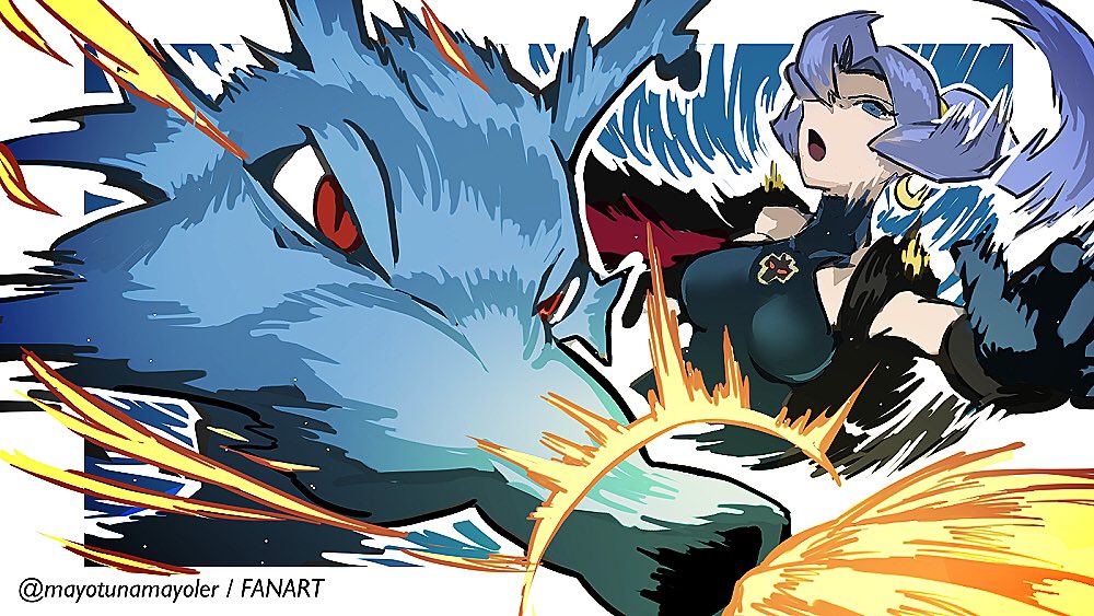 1girl badge bare_shoulders black_bodysuit black_gloves blue_bodysuit blue_eyes blue_hair bodysuit breasts cape clair_(pokemon) crescent crescent_earrings dragon_badge earrings energy_beam energy_blast fish gen_2_pokemon gloves badge_(pokemon) jewelry kingdra large_breasts mayotsunamayo nintendo open_mouth outstretched_arm pointing pokemon pokemon_(creature) pokemon_gsc ponytail red_cape red_eyes seahorse slit_pupils