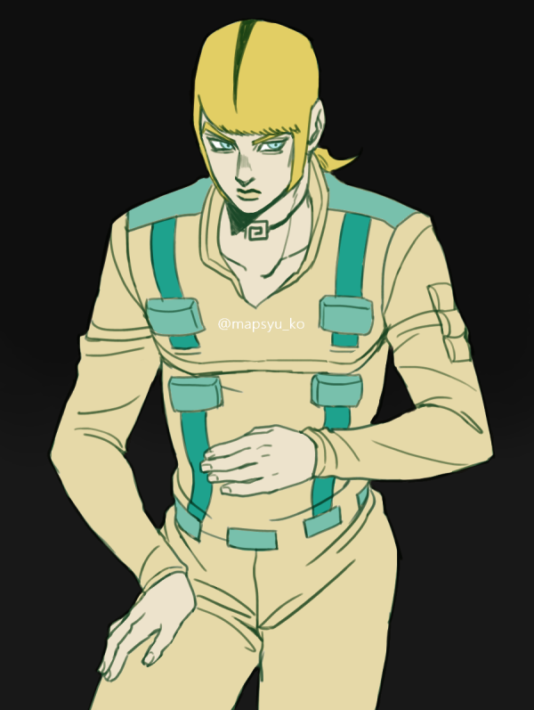 1boy black_background blonde_hair blue_eyes donatello_versus hage_tashuumi jojo_no_kimyou_na_bouken multicolored_hair ponytail shirt_belt short_ponytail solo stone_ocean twitter_username two-tone_hair