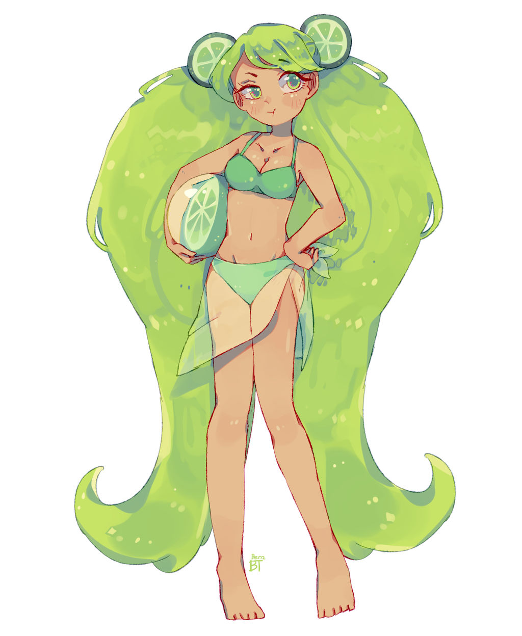 1girl :t bad_feet ball barefoot beachball benzbt bikini blush cookie_run cookie_run:_ovenbreak food-themed_hair_ornament full_body green_eyes green_hair hair_ornament hand_on_own_hip highres holding holding_ball holding_beachball lime_cookie lime_hair_ornament long_hair looking_to_the_side navel sarong see-through_clothes see-through_sarong solo swimsuit tan very_long_hair