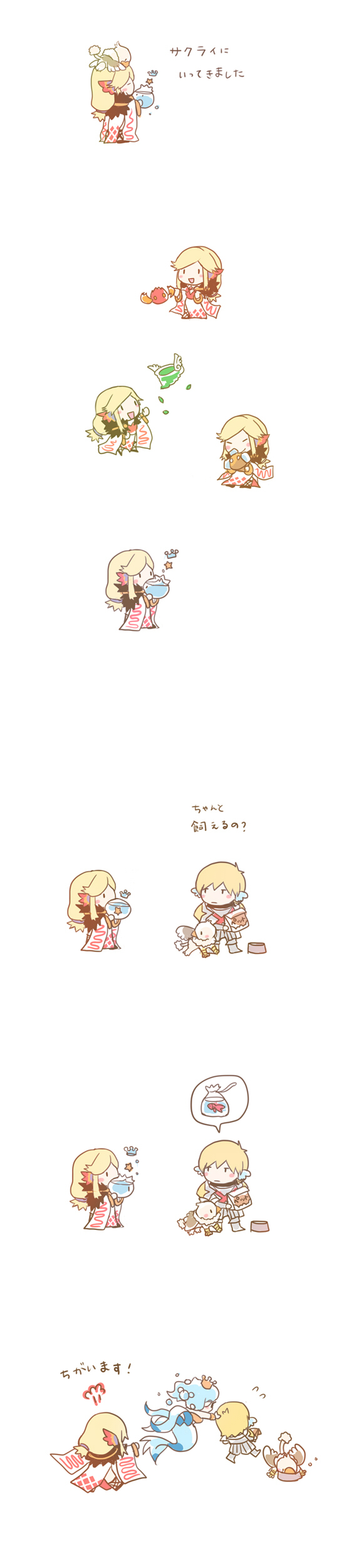 1boy 2girls absurdres agni_(ragnarok_online) aqua_(ragnarok_online) argyle_clothes argyle_dress blonde_hair borderless_panels chibi chibi_only commentary_request creature detached_sleeves dress full_body fur_collar griffin gryphon_(ragnarok_online) head_wings highres lautrec_v long_hair long_image multiple_girls open_mouth orange_wings puff_of_air ragnarok_online royal_guard_(ragnarok_online) short_hair simple_background sorcerer_(ragnarok_online) tall_image tera_(ragnarok_online) translation_request ventus_(ragnarok_online) water whirlwind white_background white_dress white_sleeves wings