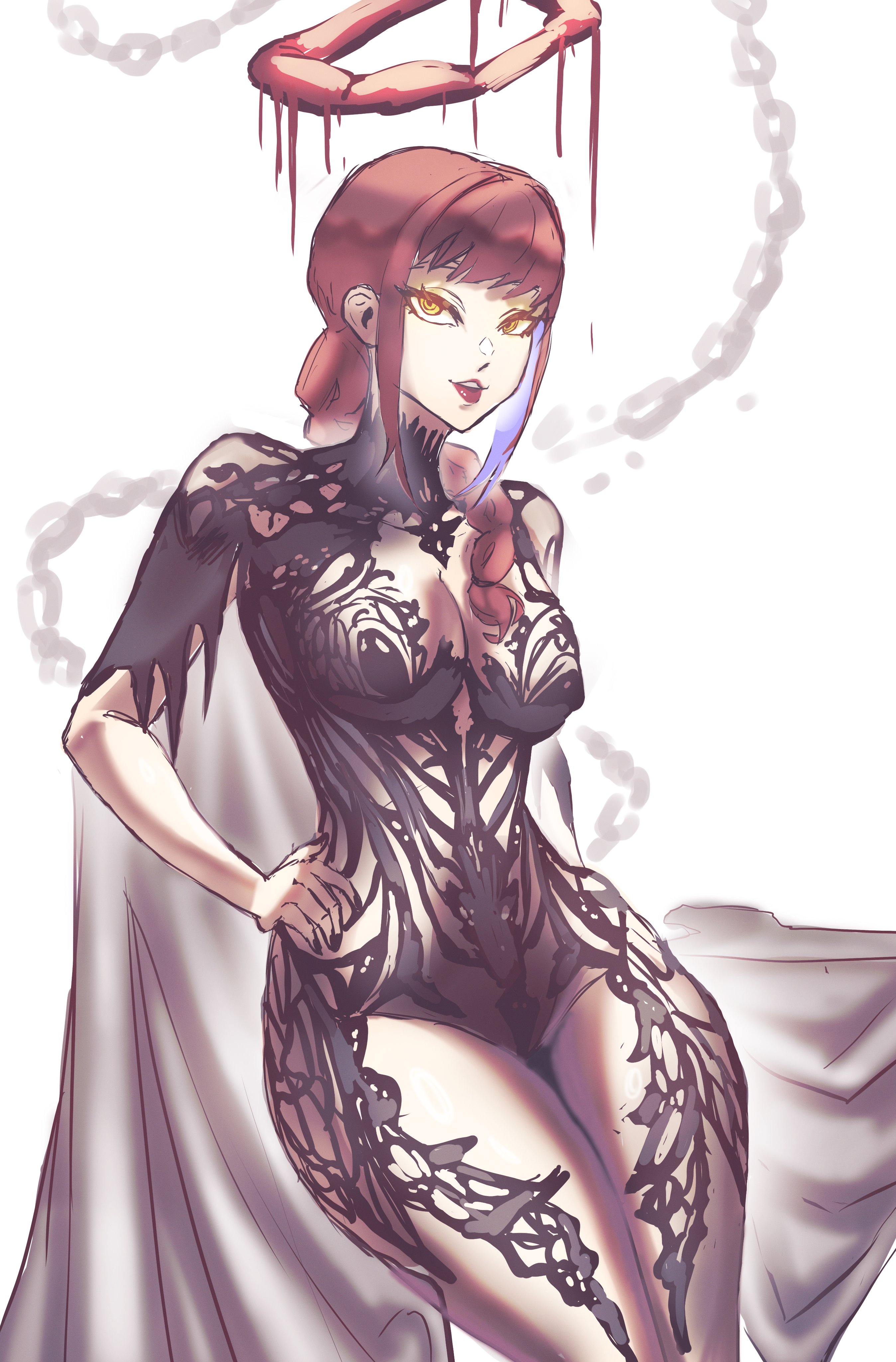 1girl artist_request blod blood breasts cape chainsaw_man chronopattern_dress food halo hand_on_own_hip large_breasts lips makima_(chainsaw_man) meat meat_halo red_hair sketch smile thighs white_background yellow_eyes