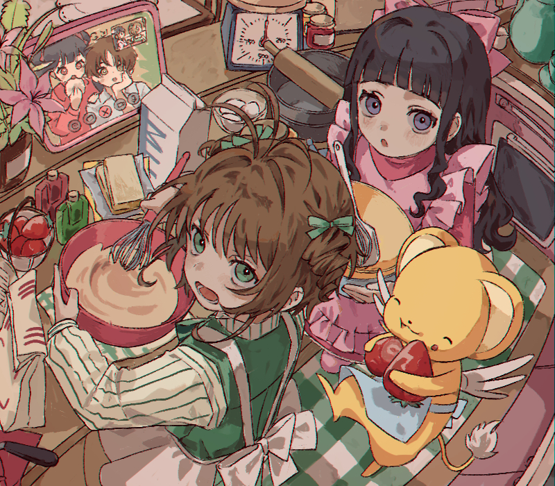 1boy 3girls apron black_hair brown_hair cardcaptor_sakura commentary cooking daidouji_tomoyo daidouji_tomoyo_(chef:_tomoyo) dress eating english_commentary food from_above fruit green_dress green_eyes grey_eyes holding holding_whisk indoors kero_(cardcaptor_sakura) kinomoto_sakura kinomoto_sakura_(shopgirl:_mint) kitchen li_meiling li_syaoran long_hair looking_at_viewer milk mixing_bowl multiple_girls open_mouth pink_dress short_hair strawberry tomoja_rs video_call whisk