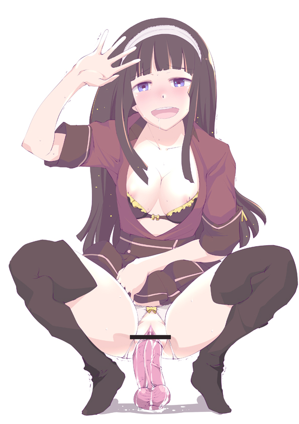 1girl arm_up black_hair blue_eyes blunt_bangs blush bra breasts breasts_out censored cleavage crotchless crotchless_panties dildo dildo_riding female_focus female_masturbation gundam gundam_g_no_reconguista hairband hime_cut long_hair manny_ambassada masturbation object_insertion open_mouth panties pussy pussy_juice sex_toy smile solo spread_legs squatting thighhighs touge_hiro underwear vaginal vaginal_object_insertion waving