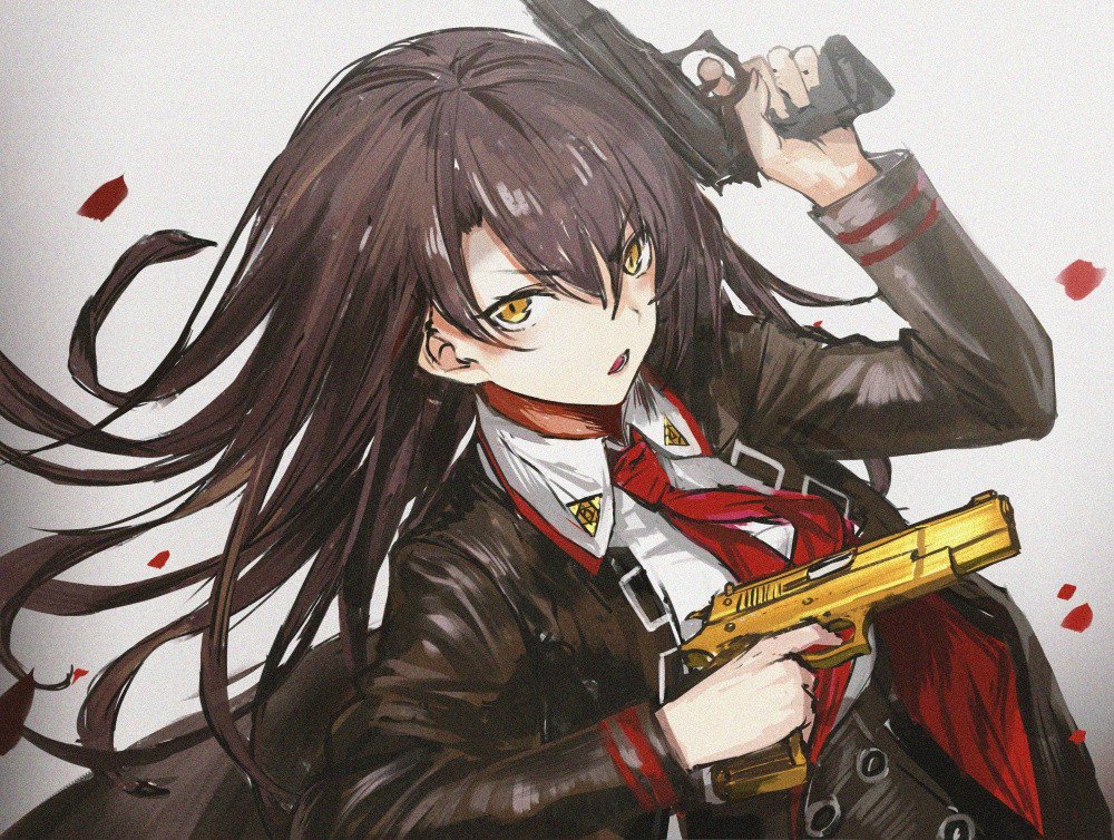 1girl artist_request black_jacket brown_hair commentary_request cz_75 dual_wielding falling_petals finger_on_trigger floating_hair girls&#039;_frontline golden_gun gun hair_between_eyes hand_up handgun holding holding_gun holding_weapon jacket korean_commentary long_hair long_sleeves looking_at_viewer necktie nz75_(girls&#039;_frontline) open_clothes open_jacket open_mouth petals red_necktie rose_petals shirt simple_background solo third-party_source upper_body v-shaped_eyebrows weapon white_background white_shirt yellow_eyes