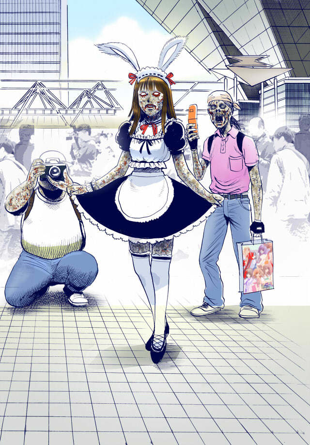 1girl animal_ears bag blood camera cellphone colored_skin comiket cosplay green_skin hyaku_todoroki kneehighs maid maid_headdress misogram monster_boy multiple_boys original otaku phone rabbit_ears shopping_bag skirt socks thighhighs tokyo_big_sight what white_socks zombie
