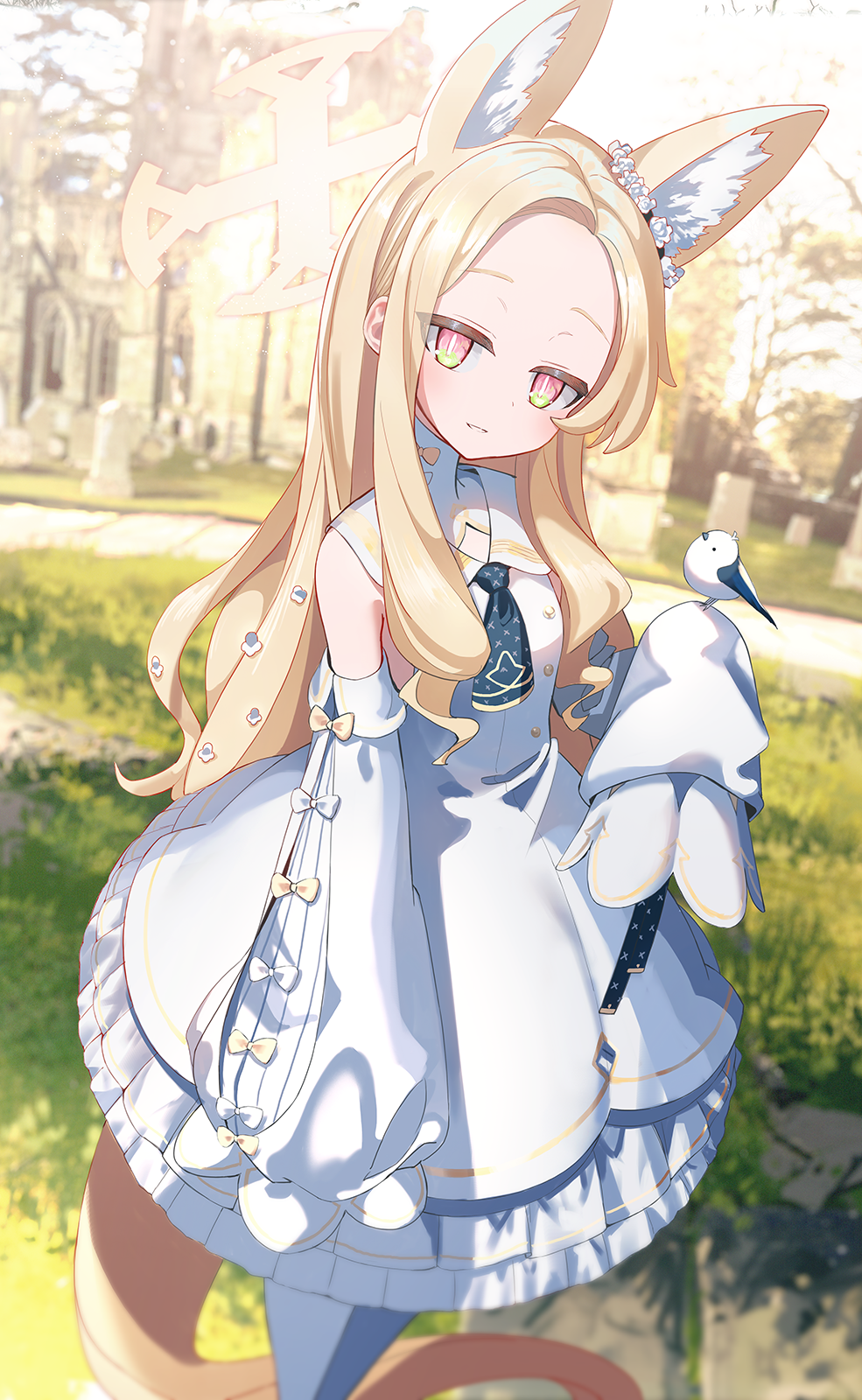 1girl absurdly_long_hair animal_ear_fluff animal_ears bare_shoulders bird bird_on_hand blonde_hair blue_archive blue_necktie blurry blurry_background bright_pupils commentary day detached_sleeves dress flower flower_wreath forehead fox_ears frilled_dress frills gradient_eyes grass grin hair_flower hair_ornament highres long_hair miyoshi_nao_(miyoshist) multicolored_eyes necktie orange_eyes outdoors parted_bangs ruins seia_(blue_archive) short_necktie sleeves_past_fingers sleeves_past_wrists slit_pupils smile solo standing sunlight very_long_hair very_long_sleeves white_dress white_flower white_pupils yellow_eyes