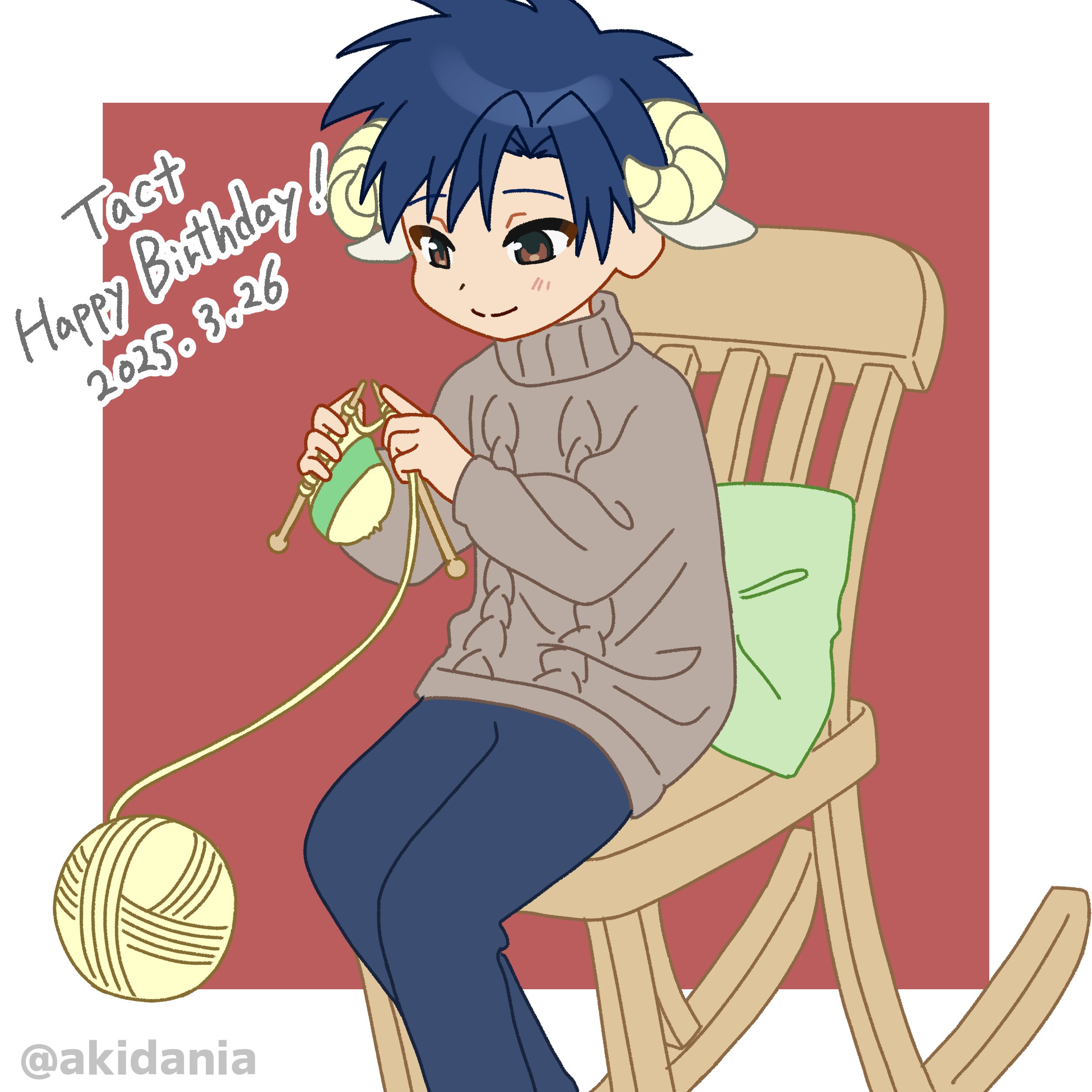1boy absurdres animal_ears blue_hair brown_eyes cushion extra_ears galaxy_angel happy_birthday highres horns kitaru knitting knitting_needle needle ribbed_sweater sheep_ears sheep_horns short_hair sitting solo sweater takuto_meyers turtleneck turtleneck_sweater twitter-san_(tsukigi) yarn yarn_ball