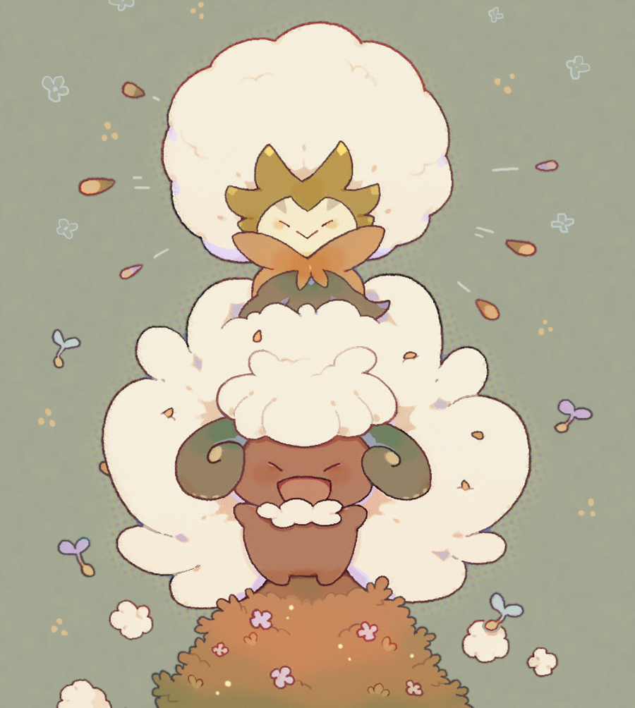 :&lt; ^_^ akadako animal_focus big_hair closed_eyes closed_mouth eldegoss facing_viewer flower full_body gen_5_pokemon gen_8_pokemon grass green_background happy long_hair nintendo no_humans open_mouth pink_flower pokemon pokemon_(creature) seed smile standing straight-on trait_connection very_long_hair whimsicott white_hair