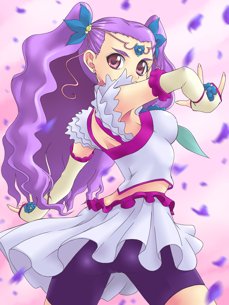00s 1girl armpits bike_shorts bike_shorts_under_skirt breasts cameltoe dress earrings eyelashes female_focus frills gloves hair_ornament hair_ribbon hairpin jewelry long_hair looking_back magical_girl medium_breasts midriff milk_(yes!_precure_5) milky_rose mimino_kurumi no_mouth petals precure purple_eyes purple_hair purple_shorts ribbon shorts shorts_under_skirt solo tiara two_side_up yaso_shigeru yes!_precure_5 yes!_precure_5_gogo!
