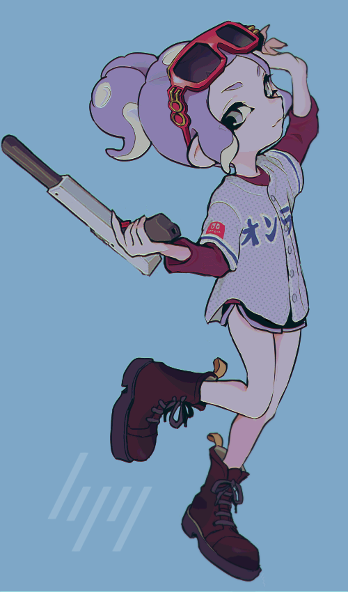 1girl adjusting_eyewear black_shorts blue_background boots commentary eyewear_on_head fingernails full_body grey_eyes holding holding_weapon imaikuy0 jersey n-zap_(splatoon) nintendo octoling octoling_girl octoling_player_character ponytail purple_hair red-framed_eyewear red_boots red_shirt sharp_fingernails shirt short_hair shorts sidelocks solo splatoon_(series) standing standing_on_one_leg sunglasses symbol-only_commentary tentacle_hair three-quarter_sleeves weapon