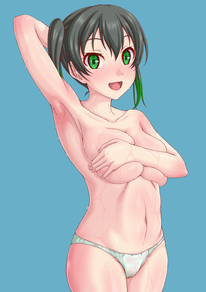 1girl alternate_breast_size arm_up armpits black_hair blue_background breasts covering_breasts covering_privates cowboy_shot gradient_hair green_eyes large_breasts love_live! love_live!_nijigasaki_high_school_idol_club medium_hair multicolored_hair open_mouth panties simple_background smile solo sweat takasaki_yu teasing tenrai_(temple) topless_female twintails underwear very_sweaty white_panties