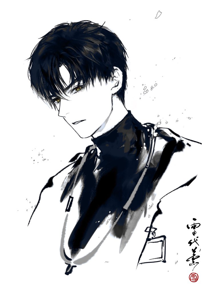 1boy asymmetrical_bangs black_hair coat expressionless looking_at_viewer love_and_deepspace male_focus parted_lips shirt short_hair solo turtleneck white_background xuedaixun zayne_(love_and_deepspace)
