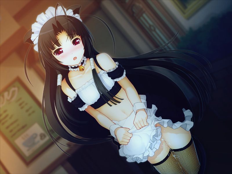 1girl animal_ears bare_shoulders bell black_hair blunt_bangs blush cat_ears cat_tail collarbone embarrassed fishnets flat_chest game_cg long_hair maid maid_headdress midriff navel oki_kiki open_mouth red_eyes straight_hair sumaga tail thighhighs tsuji_santa wrist_cuffs zettai_ryouiki