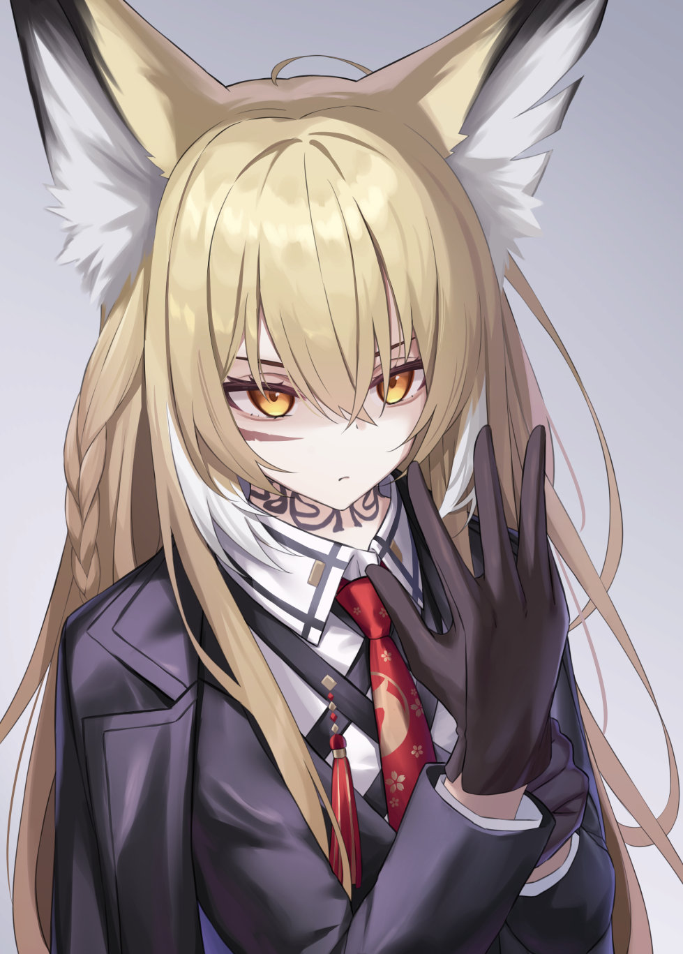 1girl adjusting_clothes adjusting_gloves animal_ear_fluff animal_ears arknights black_coat black_gloves black_jacket blonde_hair closed_mouth coat coat_on_shoulders commentary_request fuka_kurotsuji gloves grey_background highres jacket long_hair long_sleeves neck_tattoo necktie red_necktie simple_background solo tattoo upper_body vulpisfoglia_(arknights) yellow_eyes