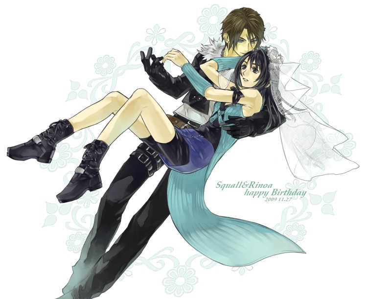 1boy 1girl arm_around_back arm_ribbon belt bike_shorts bike_shorts_under_skirt black_belt black_eyes black_footwear black_gloves black_hair black_jacket black_pants black_ribbon black_shorts black_tank_top blue_eyes blue_skirt boots bridal_veil brown_belt brown_hair chain chain_necklace character_name commentary_request couple cropped_jacket dated dated_commentary detached_sleeves english_text final_fantasy final_fantasy_viii flower full_body fur-trimmed_jacket fur_trim gloves grin hair_flower hair_ornament hair_over_shoulder hand_up happy_birthday hetero hinokami hug invisible_chair jacket jewelry light_smile long_hair long_sleeves looking_at_another looking_down miniskirt multiple_belts necklace open_clothes open_jacket pants ribbon ring ring_necklace rinoa_heartilly rose scar scar_on_face shirt short_hair shorts sitting skirt sleeveless_duster smile squall_leonhart studded_belt tank_top thigh_strap v-neck veil white_flower white_fur white_rose white_shirt