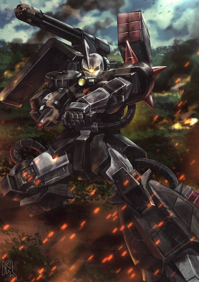 aiming artist_logo bush command_gundam commentary commission embers english_commentary fire fusion gatling_gun glowing glowing_eye grass gun gundam gundam_0083 holding holding_gun holding_weapon horns legs_apart logo mecha missile_pod mobile_suit no_humans one-eyed original outdoors porukima robot science_fiction sd_command_chronicles sd_gundam shoulder_spikes single_horn smoke smoking_barrel solo spikes standing weapon yellow_eyes zaku_ii zaku_ii_f2
