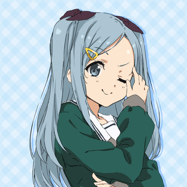 1girl 22/7 22/7_ongaku_no_jikan ;) blue_background blue_eyes blue_hair bow brown_bow closed_mouth drop_shadow green_shirt hair_bow hair_ornament hairclip hand_up long_hair long_sleeves looking_at_viewer mori_suzune official_art one_eye_closed parted_bangs portrait rokubanchou_school_uniform sailor_collar school_uniform serafuku shirt sidelocks smile solo two_side_up white_sailor_collar winter_uniform