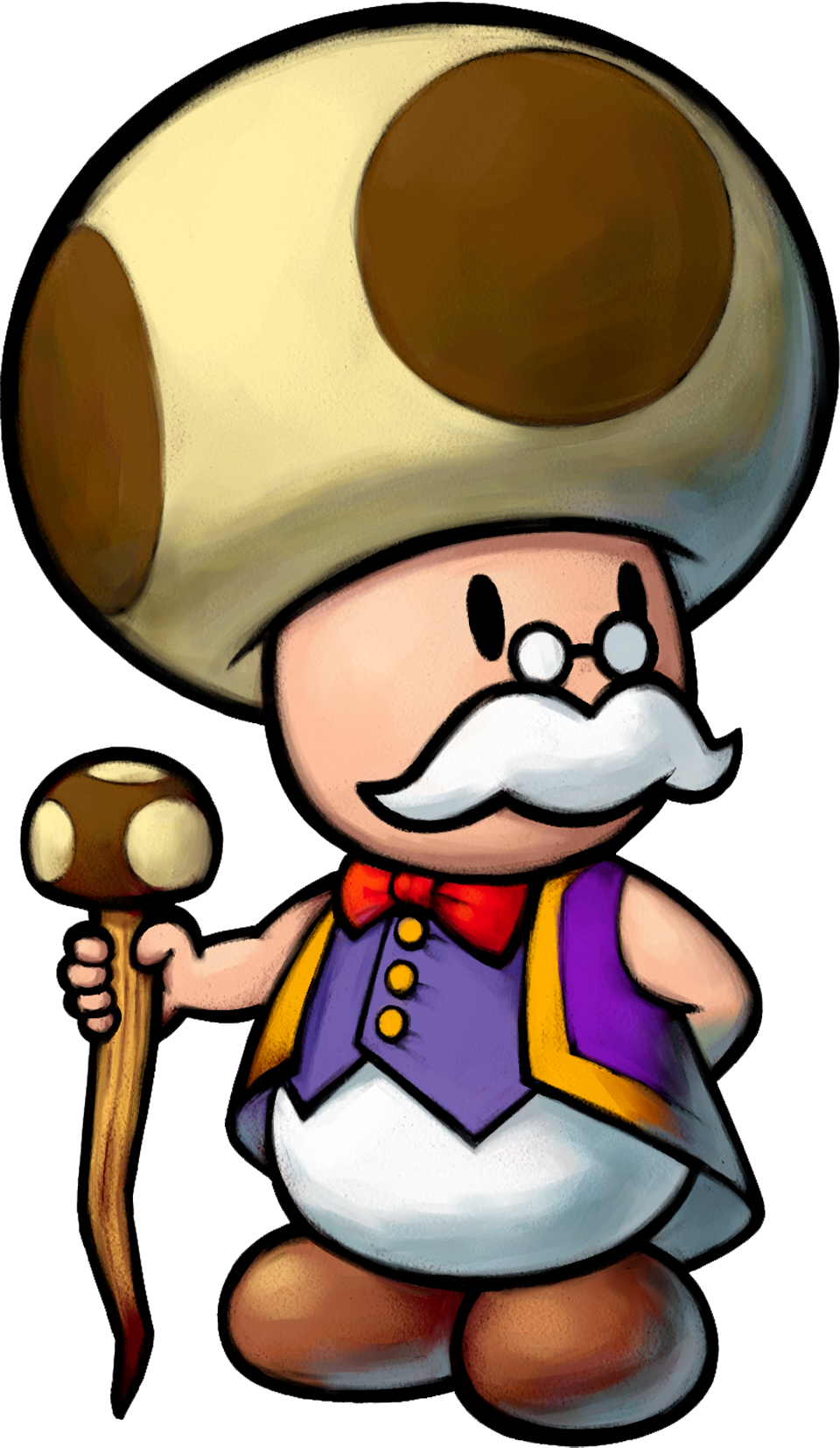 1boy boots bow bowtie brown_footwear cane facial_hair glasses highres holding holding_cane male_focus mario_&amp;_luigi:_partners_in_time mario_&amp;_luigi_rpg mario_(series) mustache nintendo official_art purple_shirt purple_vest red_bow red_bowtie shirt simple_background toadsworth transparent_background vest