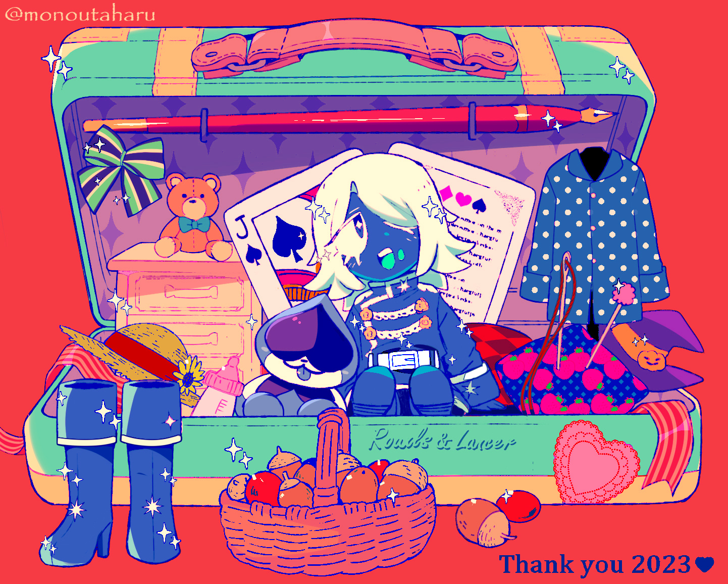 2023 ;d ace_(playing_card) ace_of_spades basket blue_footwear boots bow brown_hat card chain character_doll character_name commentary_request deltarune diamond_(shape) flower green_bow hat heart jacket knee_boots lancer_(deltarune) one_eye_closed open_mouth playing_card polka_dot purple_hat red_background rouxls_kaard shoes short_hair simple_background smile spade_(shape) sparkle sparkle_print stuffed_animal stuffed_toy suitcase sun_hat sunflower taharu_(papiyas) teddy_bear twitter_username unworn_hat unworn_headwear unworn_jacket unworn_shoes white_hair