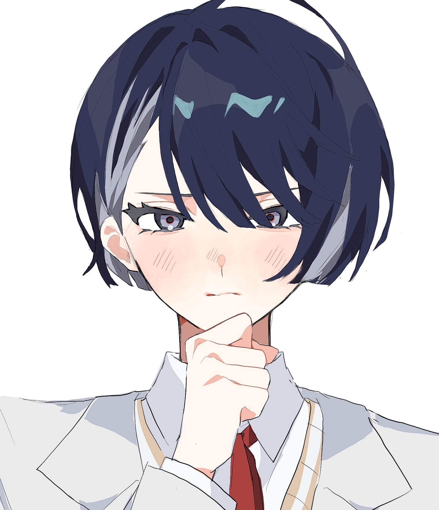 18trip 1boy blue_hair blush closed_mouth collared_jacket collared_shirt dark_blue_hair grey_eyes hand_on_own_chin hand_up highres jacket kaguya_muneuji layered_clothes looking_at_viewer male_focus multicolored_hair necktie red_necktie shirt simple_background solo st_18tr straight-on two-tone_hair upper_body white_background white_jacket white_shirt