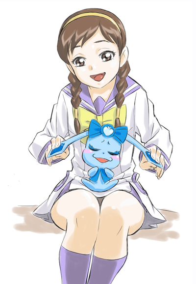 1girl bow braid brown_eyes brown_hair creature dog dokidoki!_precure gonta_(kmga) hairband kneehighs long_hair precure rakeru_(dokidoki!_precure) school_uniform serafuku sitting smile socks twin_braids white_background yashima_chihiro yellow_bow