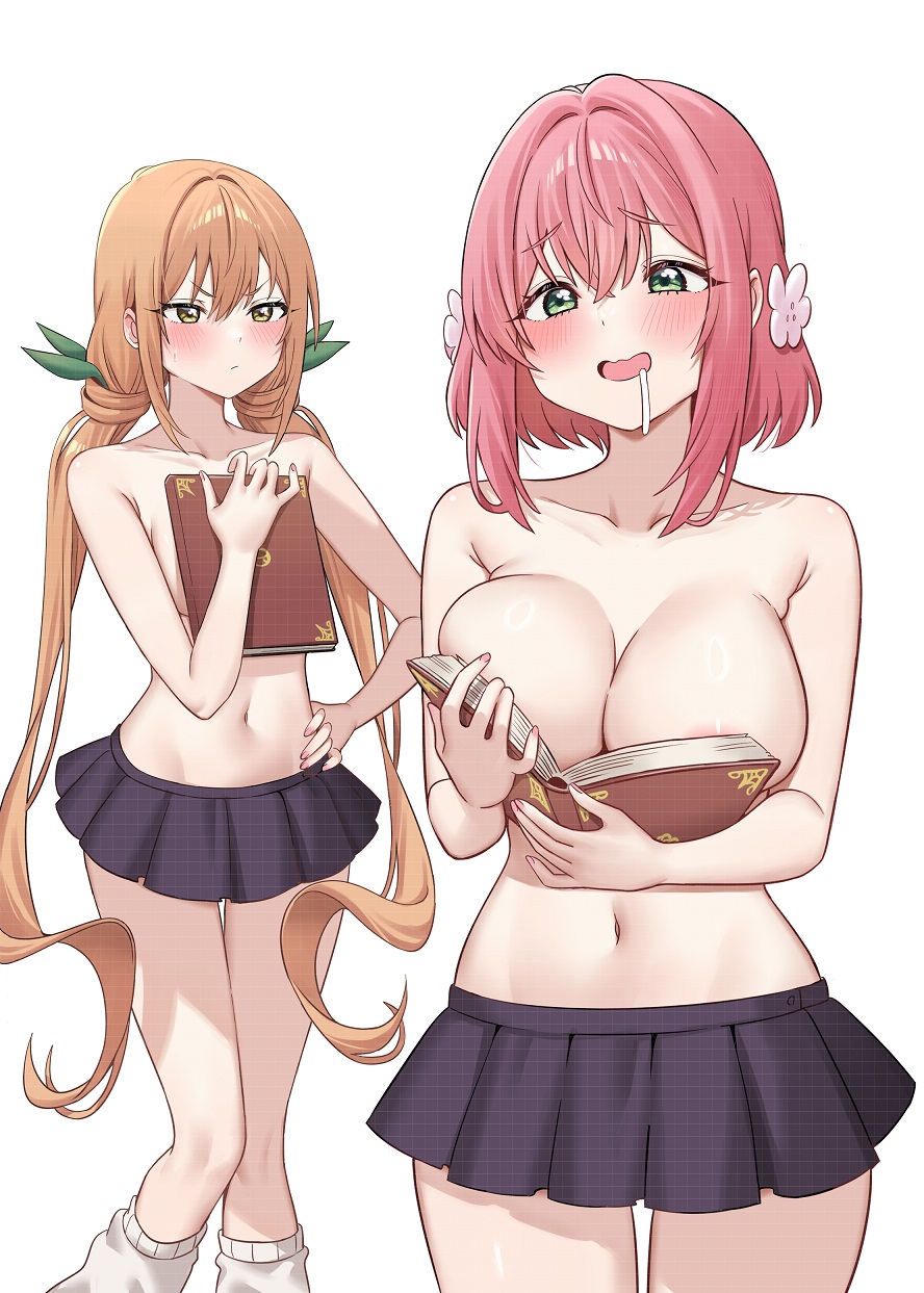2girls areola_slip armpit_crease black_skirt blush boobs_in_book_(meme) book breast_envy breasts bygin chinese_commentary closed_mouth collarbone commentary_request drooling female_focus fingernails flower green_eyes green_ribbon hair_between_eyes hair_flower hair_ornament hair_ribbon hanazono_hakari hand_on_own_hip highres holding holding_book inda_karane kimi_no_koto_ga_dai_dai_dai_dai_daisuki_na_100-nin_no_kanojo large_breasts leg_warmers long_hair looking_at_another medium_hair multiple_girls nail_polish navel open_book open_mouth orange_hair pink_hair pink_nails pleated_skirt ribbon saliva simple_background skirt smile socks stomach thighs topless_female twintails v-shaped_eyebrows very_long_hair white_background white_leg_warmers white_socks