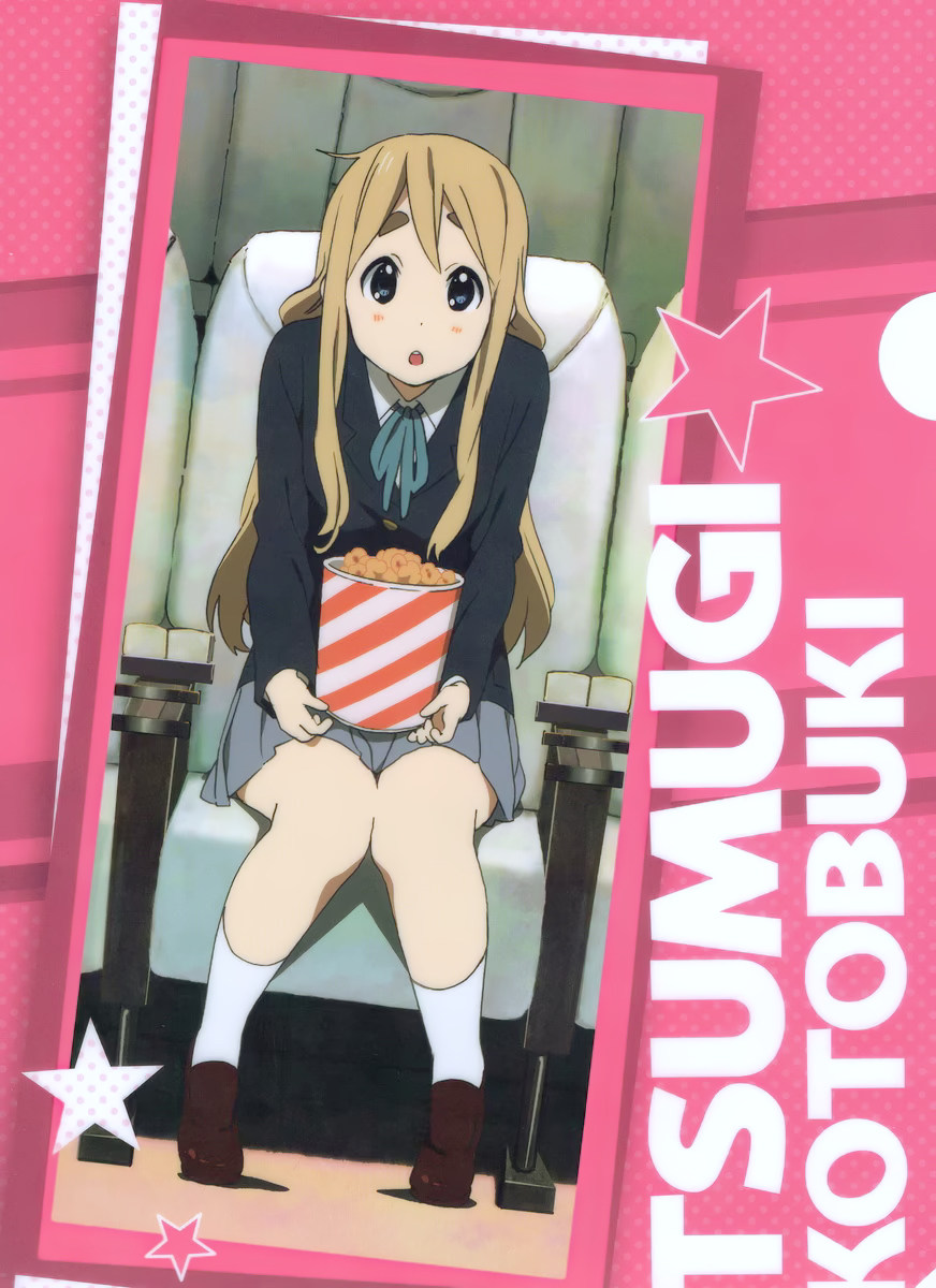 1girl blonde_hair blue_eyes clear_file_(medium) english_text food highres horiguchi_yukiko k-on! k-on!_movie kotobuki_tsumugi long_hair movie_theater non-web_source official_art popcorn sakuragaoka_high_school_uniform scan school_uniform sitting solo star_(symbol) surprised