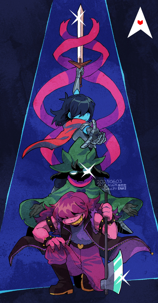 1boy 1girl 1other aizawa_sachi animal_ears arm_up armlet artist_name axe black_jacket blue_background blue_hair blue_skin bracelet cape colored_skin covered_eyes dated deltarune facing_viewer full_body gauntlets glint goat_ears green_hat green_robe grin hair_over_eyes hand_on_own_knee hat highres holding holding_axe holding_sword holding_weapon jacket jewelry kris_(deltarune) on_one_knee outstretched_arms pants pink_pants pink_skin purple_hair ralsei red_cape robe shaded_face sharp_teeth short_hair smile spiked_armlet spiked_bracelet spikes spotlight susie_(deltarune) sword teeth weapon