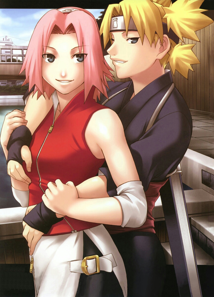 2girls alternate_eye_color bare_shoulders black_eyes black_gloves black_kimono blonde_hair breasts chiba_toshirou cloud couple day eyebrows_hidden_by_hair eyes_visible_through_hair fingerless_gloves forehead_protector gloves grin haruno_sakura highres holding_another&#039;s_wrist hug hug_from_behind japanese_clothes kimono lips looking_at_viewer multiple_girls naruto_(series) naruto_shippuuden naughty_face neck ninja non-web_source one_eye_closed outdoors parted_bangs parted_lips pink_hair quad_tails red_shirt shirt short_hair short_sleeves sky sleeveless sleeveless_shirt small_breasts smile standing temari_(naruto) yuri zipper