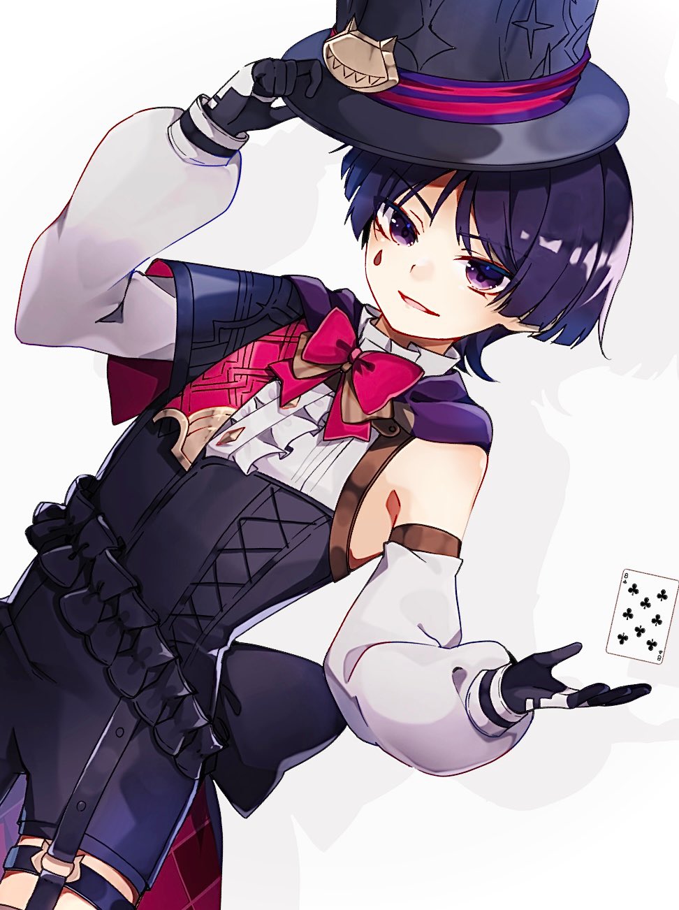 1boy armlet armpit_crease black_bow black_capelet black_corset black_gloves black_hat black_shorts blunt_ends bow capelet card corset cosplay cross-laced_clothes cross-laced_corset detached_sleeves dutch_angle eight_of_clubs facial_mark floating_card frilled_shirt frilled_shirt_collar frills genshin_impact gloves half_capelet hat hat_tip highres holding holding_unworn_clothes holding_unworn_hat huge_bow jewelry long_sleeves lyney_(genshin_impact) lyney_(genshin_impact)_(cosplay) male_focus o-ring o-ring_thigh_strap open_hand open_mouth playing_card purple_eyes purple_hair red_bow scaramouche_(genshin_impact) shirt shorts smile solo tattoo teardrop_facial_mark teardrop_tattoo thigh_strap top_hat two-tone_gloves unworn_hat unworn_headwear usako_(usako1031) white_background white_gloves white_shirt white_sleeves