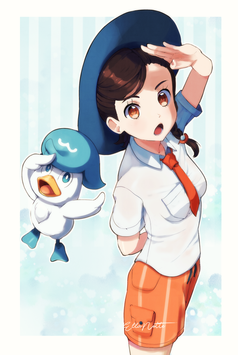 1girl arm_behind_back arm_up blue_headwear border braid brown_eyes brown_hair collared_shirt commentary ellanotte eyelashes game_freak hair_ornament hat juliana_(pokemon) lower_teeth_only necktie nintendo open_mouth orange_necktie orange_shorts pokemon pokemon_(creature) pokemon_sv quaxly salute shirt short_sleeves shorts signature single_braid teeth tongue white_border white_shirt