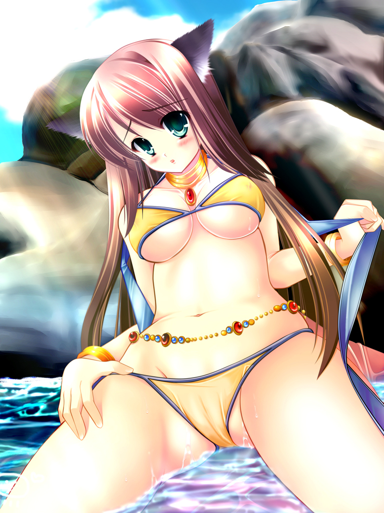 1girl 2000s_(style) animal_ears ayase_mai_(jelly^2_fish) bikini blue_sky blush breasts brown_hair cameltoe cat_ears cat_girl cloud comiket_78 commentary_request content_rating covered_erect_nipples cowboy_shot dancer_(ragnarok_online) gem green_eyes jewelry large_breasts long_hair looking_at_viewer navel neck_ring open_mouth outdoors ragnarok_online red_gemstone rock sky solo spread_legs swimsuit very_long_hair water wet yellow_bikini