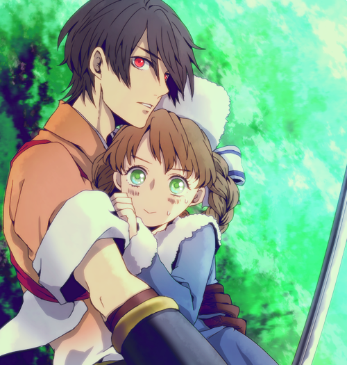 1boy 1girl anastasia_(shadow_hearts) braid brown_hair chiru_(sanifani) closed_mouth dress fur_trim green_eyes hat inugami_kurando japanese_clothes looking_at_viewer medium_hair red_eyes shadow_hearts shadow_hearts_ii smile sword twin_braids weapon