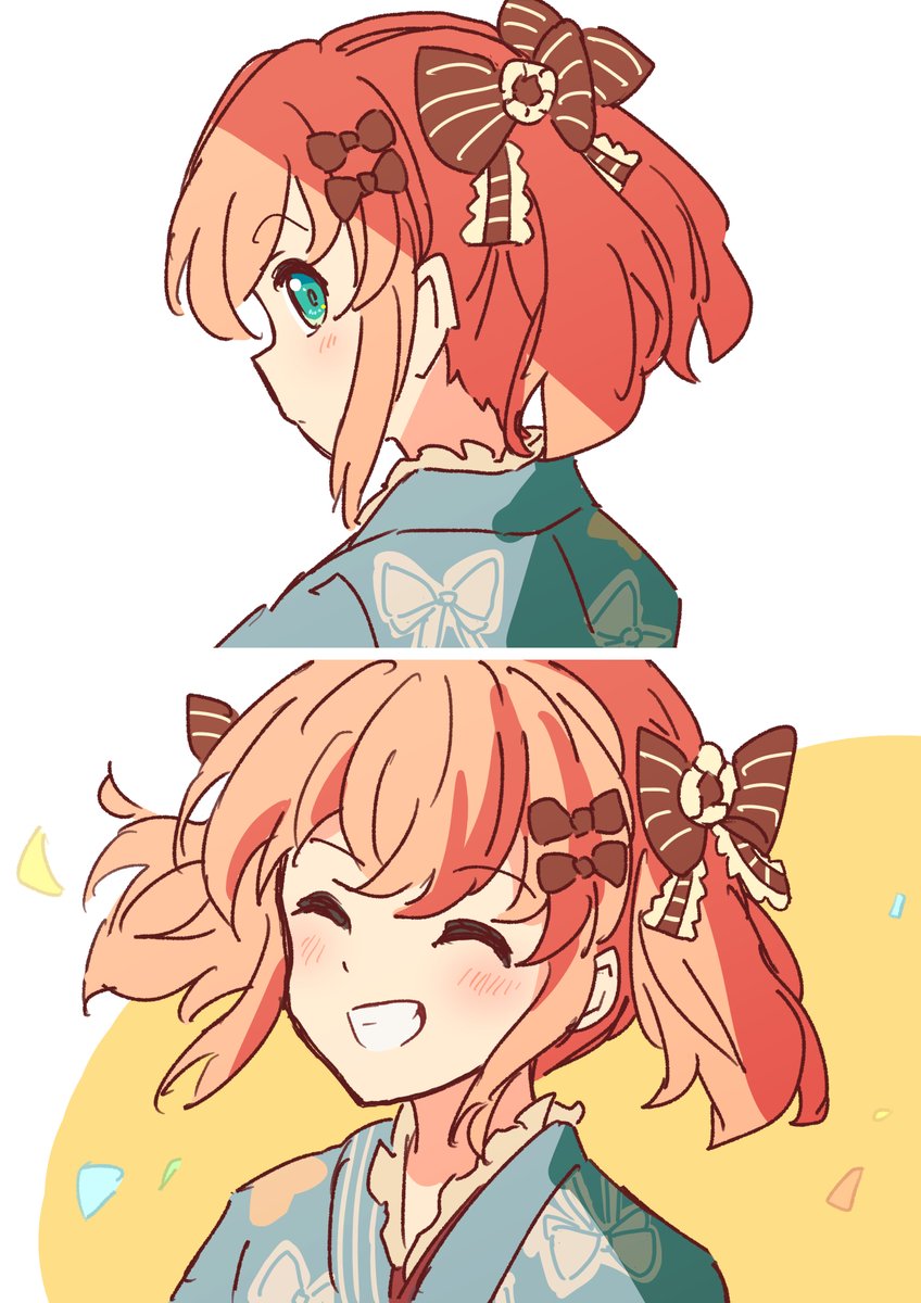 1girl 37.5c_no_fantasy aqua_eyes blue_kimono blush bow bow_print brown_bow closed_mouth commentary_request facing_viewer frilled_kimono frills grin hair_bow highres hinoshita_kaho japanese_clothes kimono link!_like!_love_live! looking_at_viewer love_live! multiple_views nogreen official_alternate_costume pinstripe_bow print_kimono profile short_hair sidelocks smile two_side_up virtual_youtuber white_background yellow_background