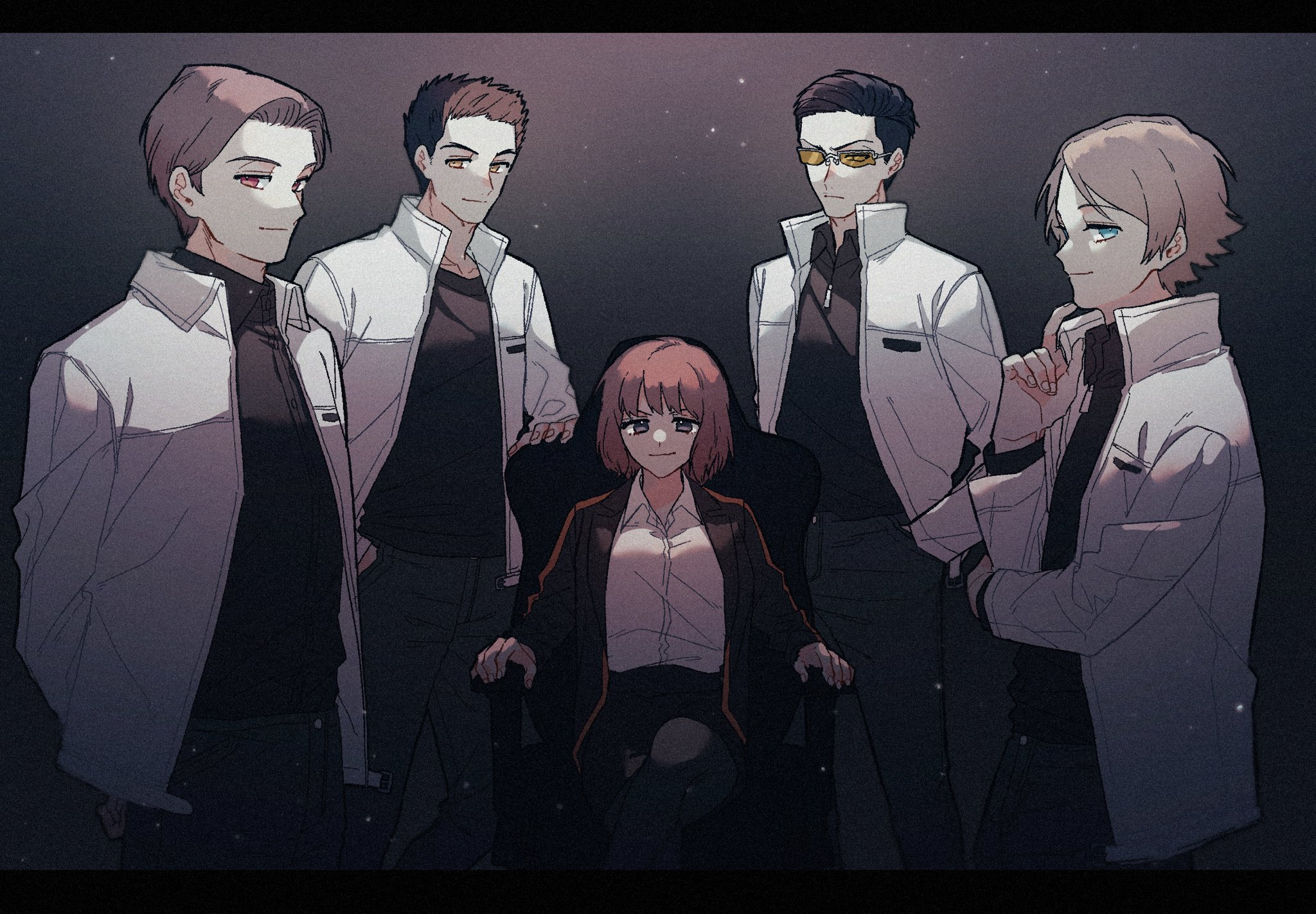 1girl 2_0_hatsu 4boys armchair arms_behind_back black_hair black_pantyhose black_shirt black_skirt blue_eyes bob_cut brown_hair chair closed_mouth collared_shirt crossed_legs dress_shirt finger_to_own_chin frown fujimaru_nono glasses goggles grey_hair grey_pants hand_in_pocket hand_on_own_arm hand_up highres jacket kanda_tadaomi kurauchi_kazuki letterboxed light_particles looking_at_viewer miniskirt multicolored_hair multiple_boys one_eye_covered opaque_glasses ouji_kazuaki pants pantyhose pencil_skirt red_eyes shirt sitting skirt skirt_set smile smirk standing t-shirt two-tone_hair white_jacket white_shirt world_trigger yellow_eyes yuba_takuma zipper_pull_tab