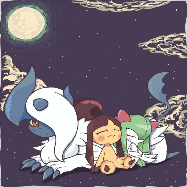 absol bad_id bad_pixiv_id claws closed_eyes colored_skin full_moon gen_3_pokemon green_hair green_skin horns kirlia masking mawile mega_absol mega_pokemon moon multicolored_skin night night_sky nintendo pokemon pokemon_(creature) sidelocks sky two-tone_skin white_fur white_skin yellow_skin
