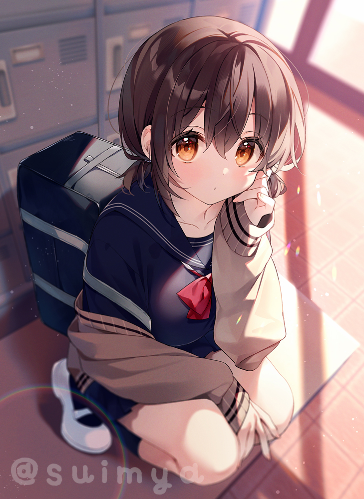 1girl artist_name bag black_skirt black_socks bow bowtie breasts brown_eyes brown_hair brown_shirt character_request closed_mouth collarbone full_body hand_on_own_face hand_up indoors large_breasts legs_folded light_blush locker looking_at_viewer medium_breasts off-shoulder_shirt off_shoulder original red_bow red_bowtie school_bag school_uniform shiny_skin shirt shoes short_hair skirt socks solo squatting suimya tiptoes white_shoes window window_shadow