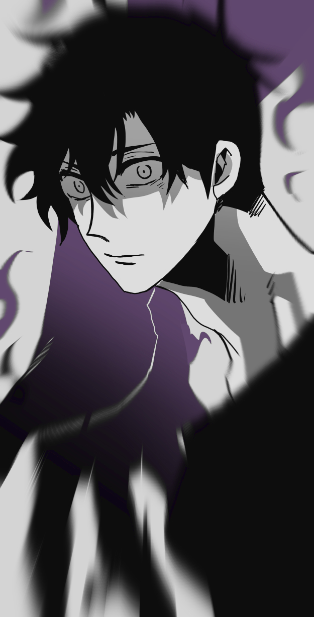 1boy 1other adam&#039;s_apple black_hair black_hoodie blurry blurry_background closed_mouth depth_of_field facing_to_the_side giant_hand grey_background hair_between_eyes highres hiyomon hood hoodie looking_at_viewer male_focus monochrome monster motion_blur non-web_source purple_theme short_hair solo solo_leveling spot_color sung_jin-woo undercut wide-eyed