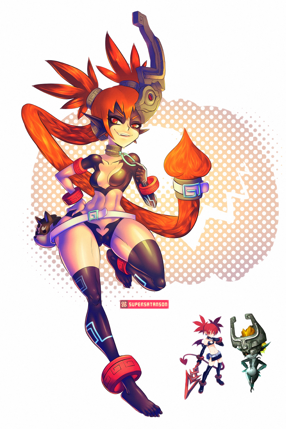 1girl abs black_thighhighs bracelet breasts crossover disgaea etna_(disgaea) fang feet full_body fusion hair_weapon highres jewelry long_hair mask medium_breasts midna muscular muscular_female navel nintendo orange_hair panties pointy_ears ponytail red_eyes simple_background smile spiked_hair supersatanson tattoo the_legend_of_zelda the_legend_of_zelda:_twilight_princess thighhighs toenails underwear