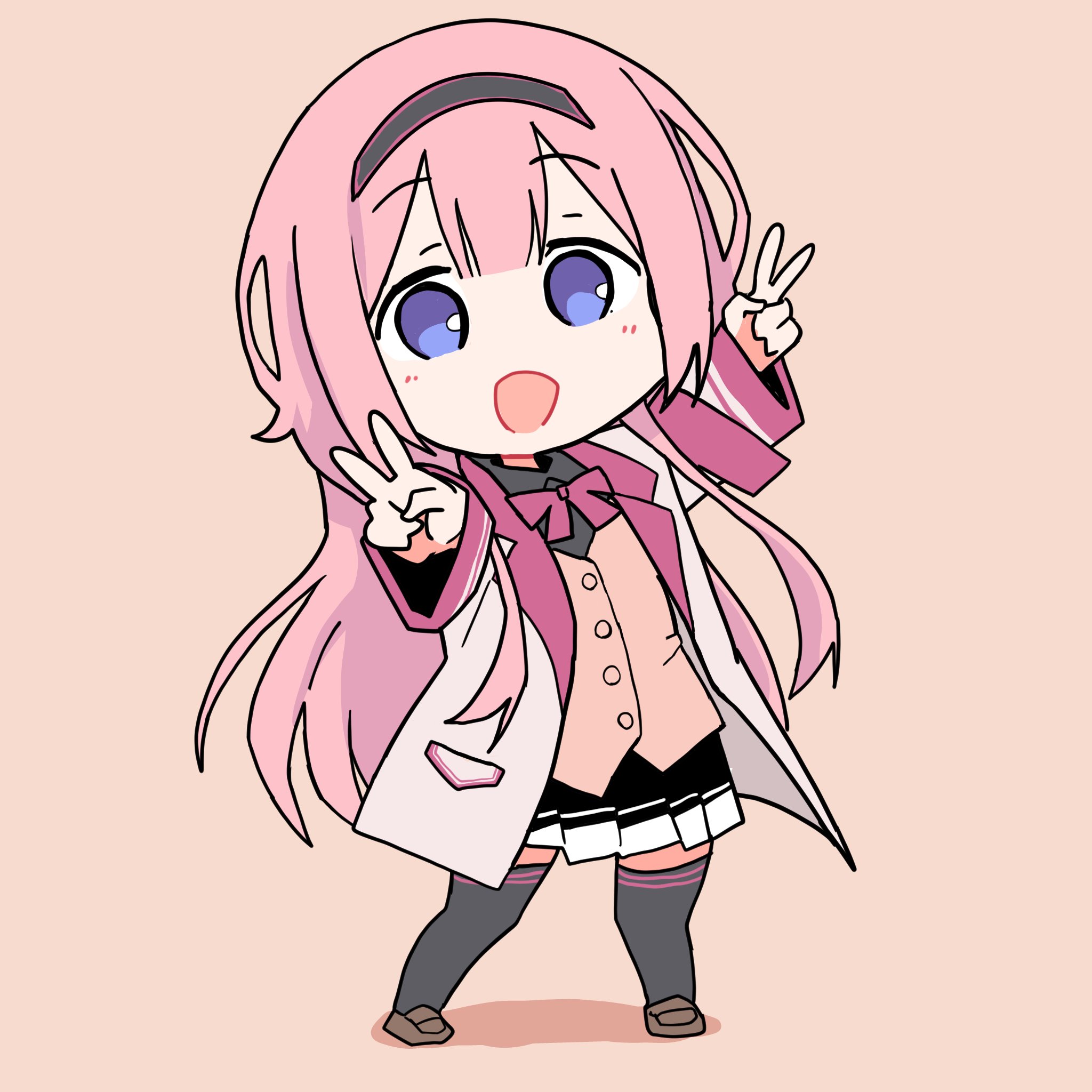 1girl black_hairband black_shirt black_thighhighs blazer blue_eyes bow bowtie brown_shoes commentary_request commission deformed double_v full_body hairband highres jacket loafers long_hair looking_at_viewer namou_(namorton09) nijisanji open_mouth pink_hair red_bow red_bowtie shirt shoes skeb_commission skirt solo suo_sango suo_sango_(1st_costume) thighhighs v vest virtual_youtuber