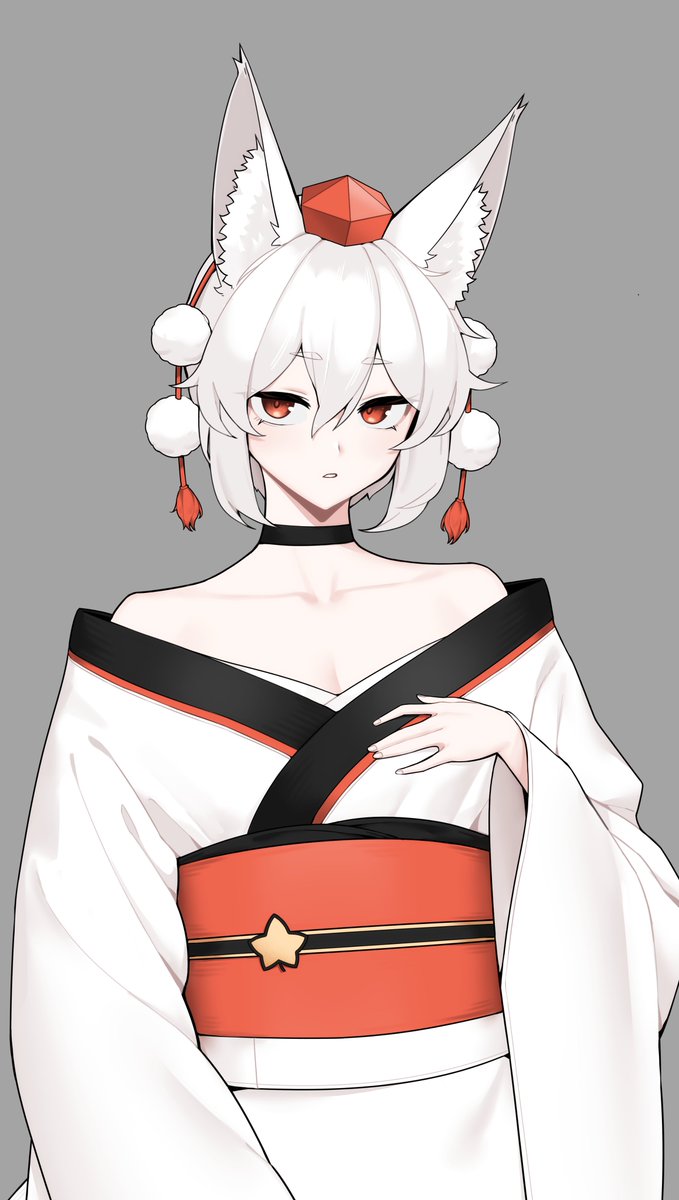1641_(chfhrtor94) 1girl animal_ears bare_shoulders grey_background hat highres inubashiri_momiji japanese_clothes kimono long_sleeves looking_at_viewer obi pom_pom_(clothes) red_eyes sash short_hair simple_background solo tokin_hat touhou upper_body white_hair white_kimono wolf_ears wolf_girl