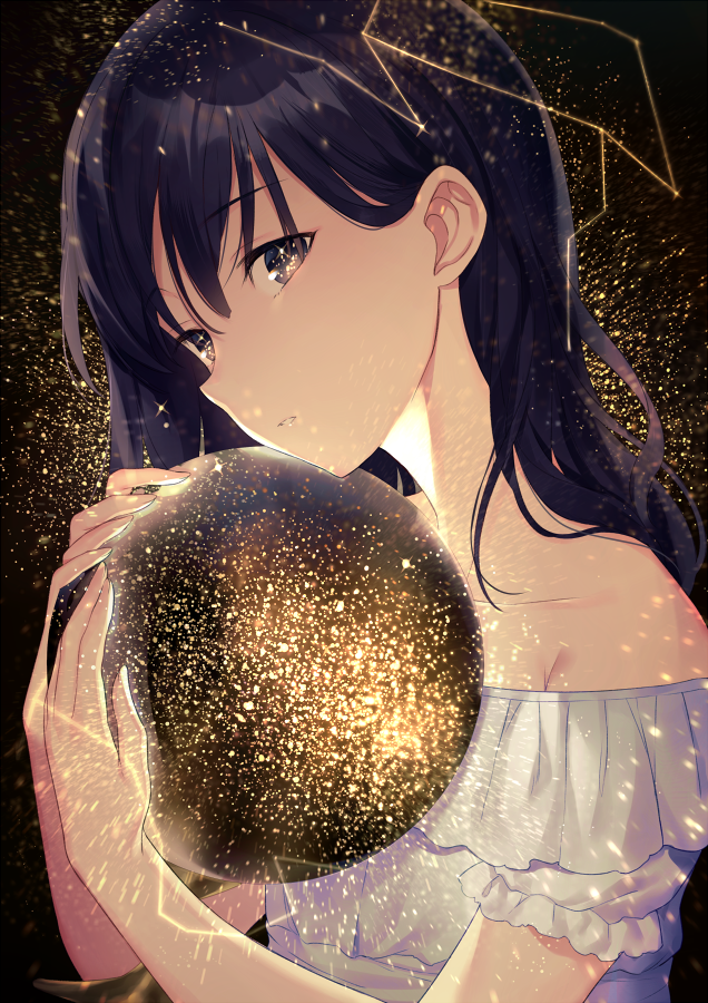 achiki bad_id bad_twitter_id ball bare_shoulders black_background black_hair close-up commentary_request dress expressionless eyes_visible_through_hair glowing hair_between_eyes hair_over_shoulder head_tilt holding holding_ball holding_to_chest leo_(constellation) long_hair looking_at_viewer multicolored_background multicolored_eyes off_shoulder open_mouth orb original simple_background solo sparkling_eyes tagme white_dress yellow_background