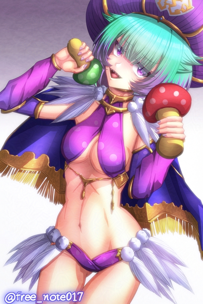 1girl breasts cape commentary_request fate/grand_order fate_(series) free_note017 green_hair holding holding_mushroom locusta_(fate) locusta_(third_ascension)_(fate) looking_at_viewer multicolored_hair mushroom navel open_mouth purple_cape purple_eyes purple_hair purple_nails sharp_teeth small_breasts solo teeth twitter_username two-tone_hair underboob upper_teeth_only