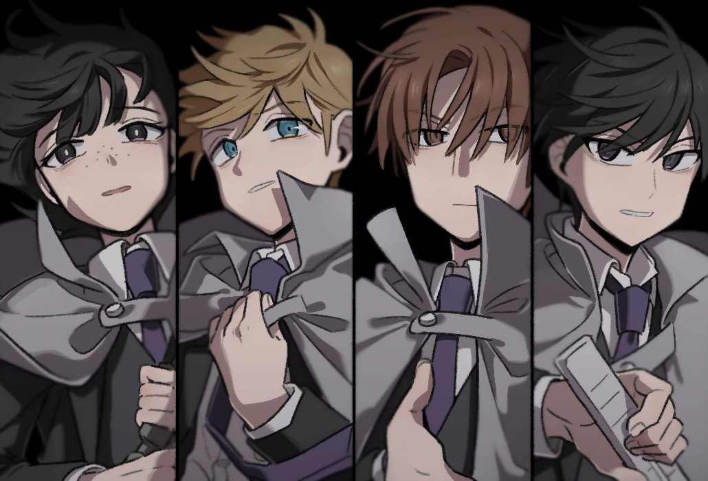 1girl 3boys bad_id bad_twitter_id black_background black_hair black_jacket blonde_hair blue_eyes brown_eyes brown_hair collared_shirt column_lineup dress fighting_stance floating_clothes floating_hair formal_clothes freckles grey_cloak gun hand_up hatohara_mirai holding holding_gun holding_weapon inukai_sumiharu jacket long_sleeves looking_at_viewer multiple_boys nana_0253 necktie ninomiya_masataka parted_lips purple_necktie reaching reaching_towards_viewer ready_to_draw shirt short_hair simple_background suit tsuji_shinnosuke uniform upper_body weapon white_shirt wind world_trigger