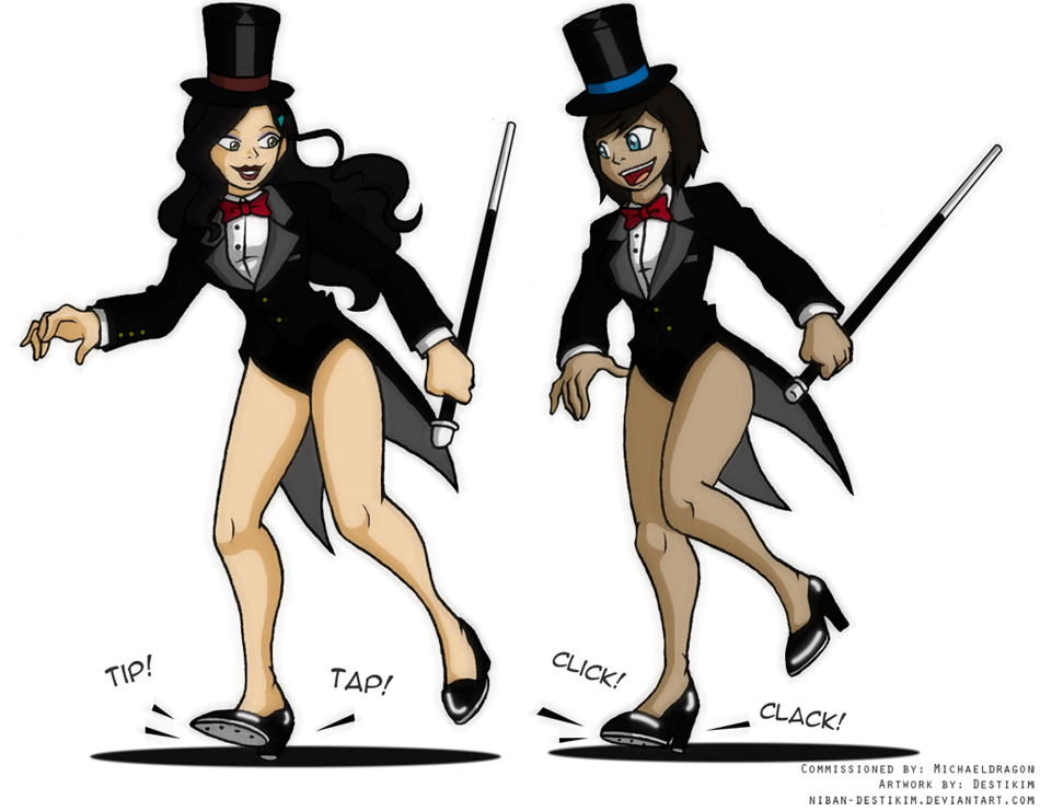 2016 2girls artist_name asami_sato avatar_legends bare_legs black_footwear black_hair black_leotard blue_eyes bow bowtie buttons cane commission dancing dark-skinned_female dark_skin deviantart_username dress_shirt grin hair_ornament hairclip hat high_heels holding holding_cane korra leotard looking_at_another multiple_girls niban-destikim pocket red_bow red_bowtie red_lips shiny_footwear shirt smile sound_effects tailcoat tap_dance the_legend_of_korra top_hat tuxedo_leotard watermark web_address white_shirt
