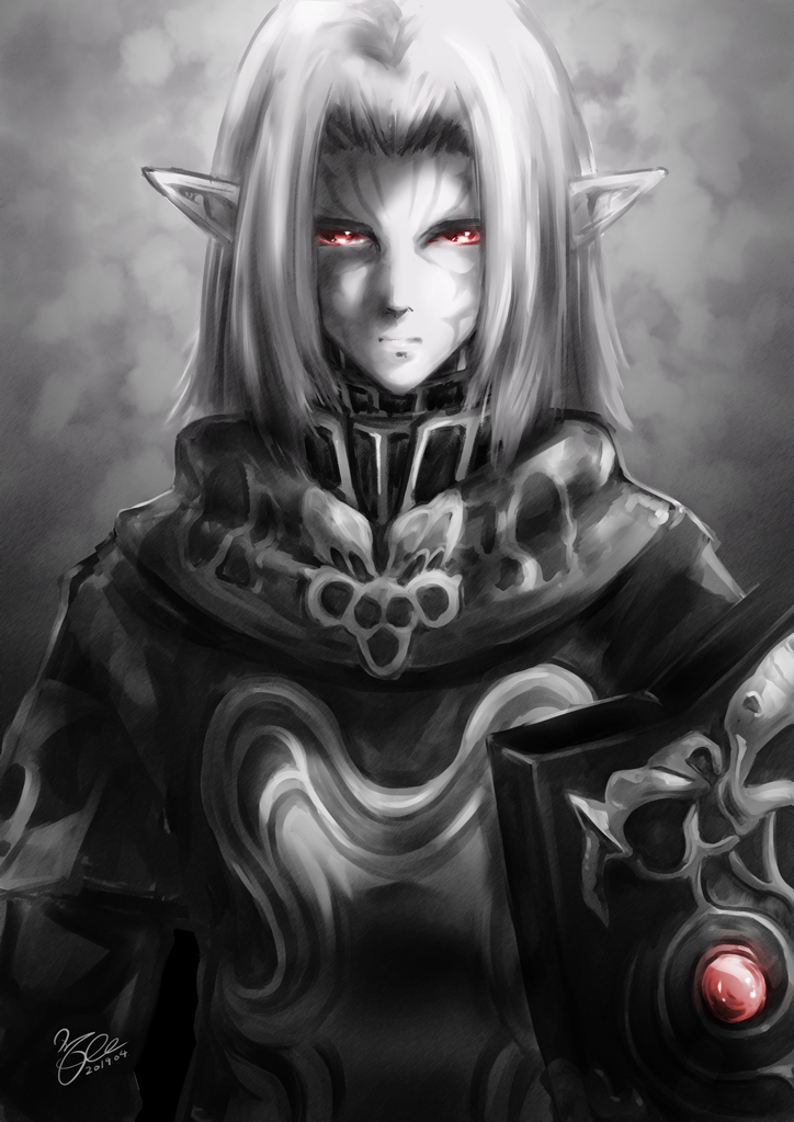 1girl 2019 ark_angel ark_angel_ev artist_name closed_mouth colored_skin dated elf facial_mark final_fantasy final_fantasy_xi hair_intakes looking_at_viewer morere pointy_ears red_eyes shield short_hair signature solo straight-on white_hair white_skin