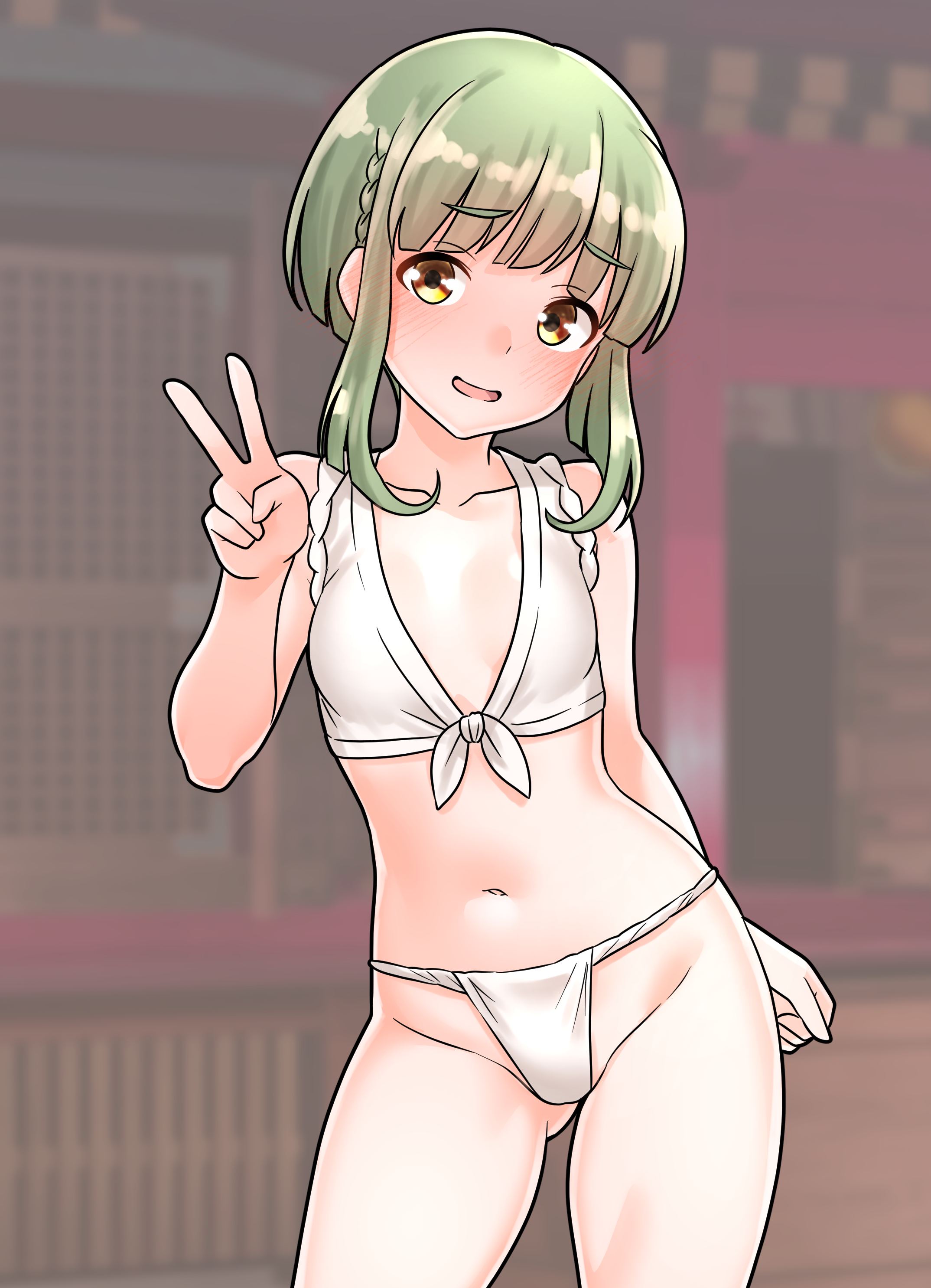 1girl :d absurdres blush collarbone commentary_request fundoshi furaggu_(frag_0416) gluteal_fold green_hair highres japanese_clothes kantai_collection looking_at_viewer navel open_mouth smile solo stomach takanami_(kancolle) thighs tongue v variant_set yellow_eyes