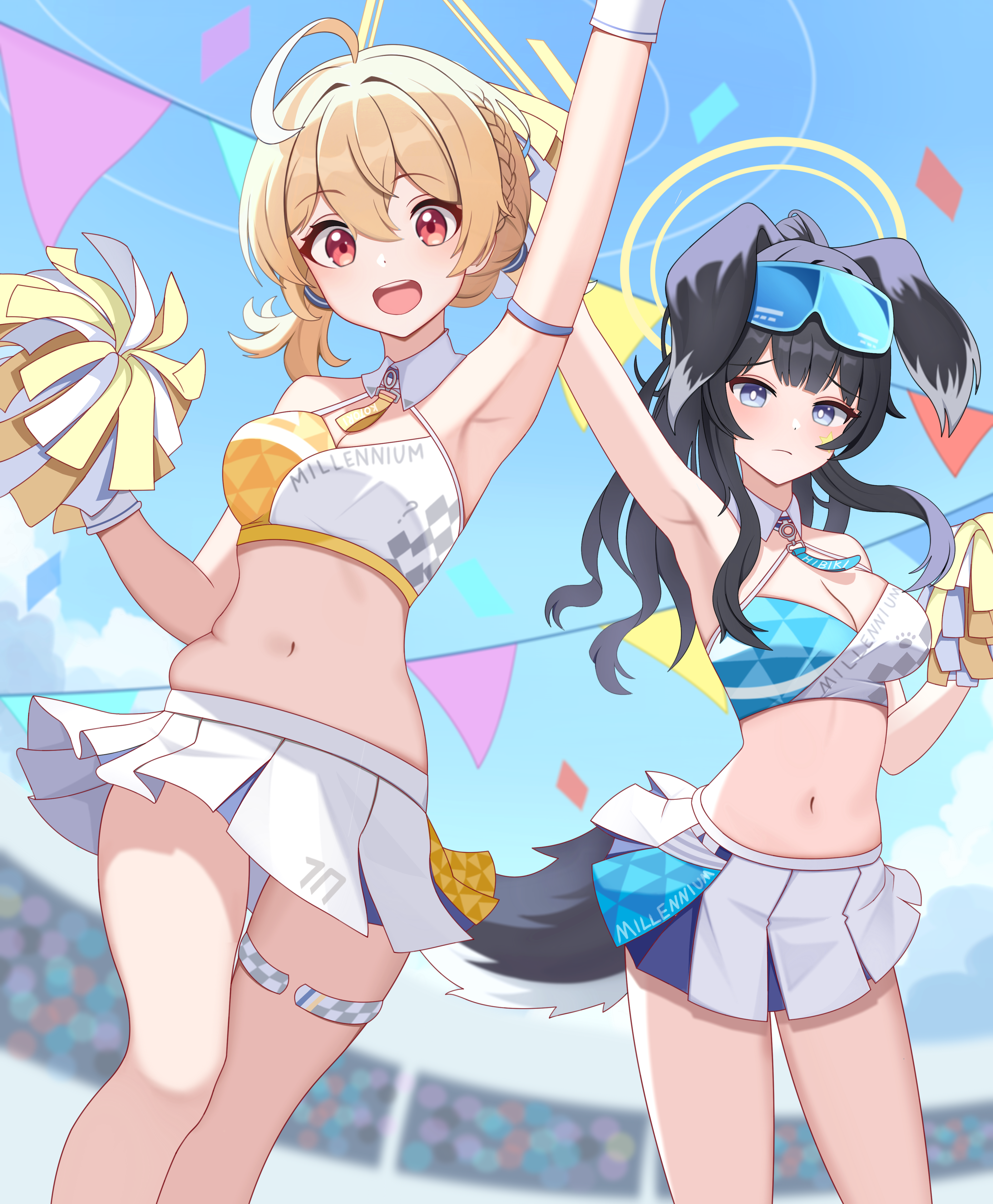 2girls absurdres animal_ears bare_shoulders black_hair blue_archive blue_eyes blush breasts cheerleader dog_ears dog_girl dog_tail eyewear_on_head goggles goggles_on_head halo hibiki_(blue_archive) hibiki_(cheer_squad)_(blue_archive) highres holding kenomotsu_yukuwa kotori_(blue_archive) kotori_(cheer_squad)_(blue_archive) long_hair looking_at_viewer millennium_cheerleader_outfit_(blue_archive) multiple_girls navel official_alternate_costume pom_pom_(cheerleading) skirt solo tail